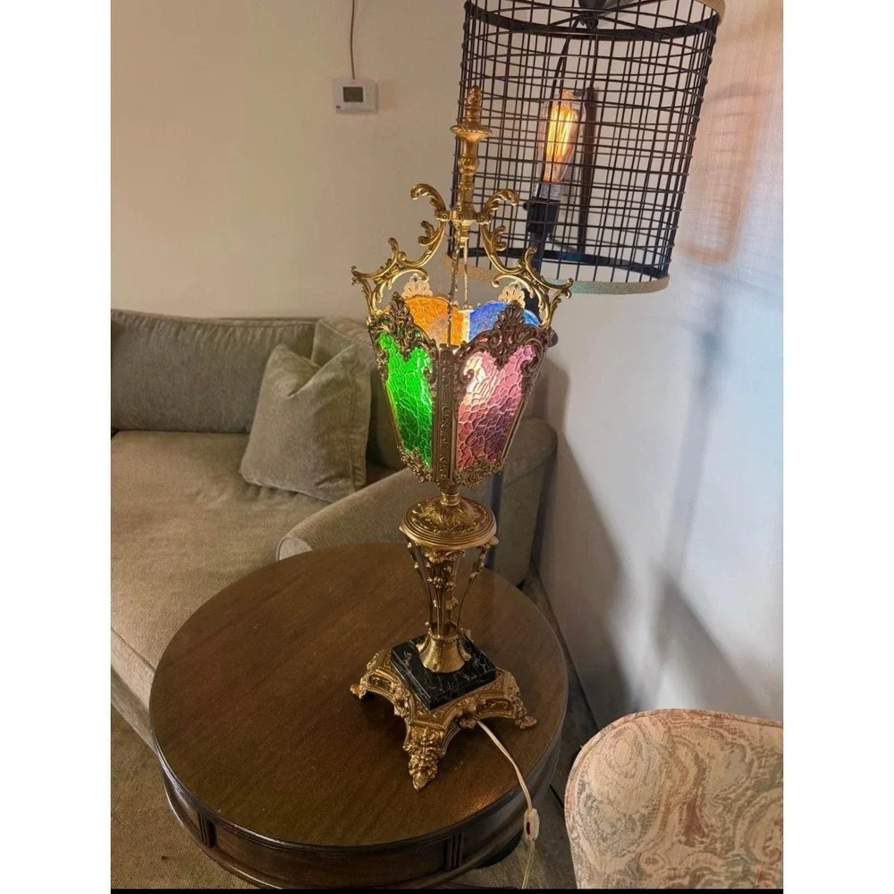 Antique Victorian Gothic Revival Stained Glass Torchiere Lantern Marble‎ Rare